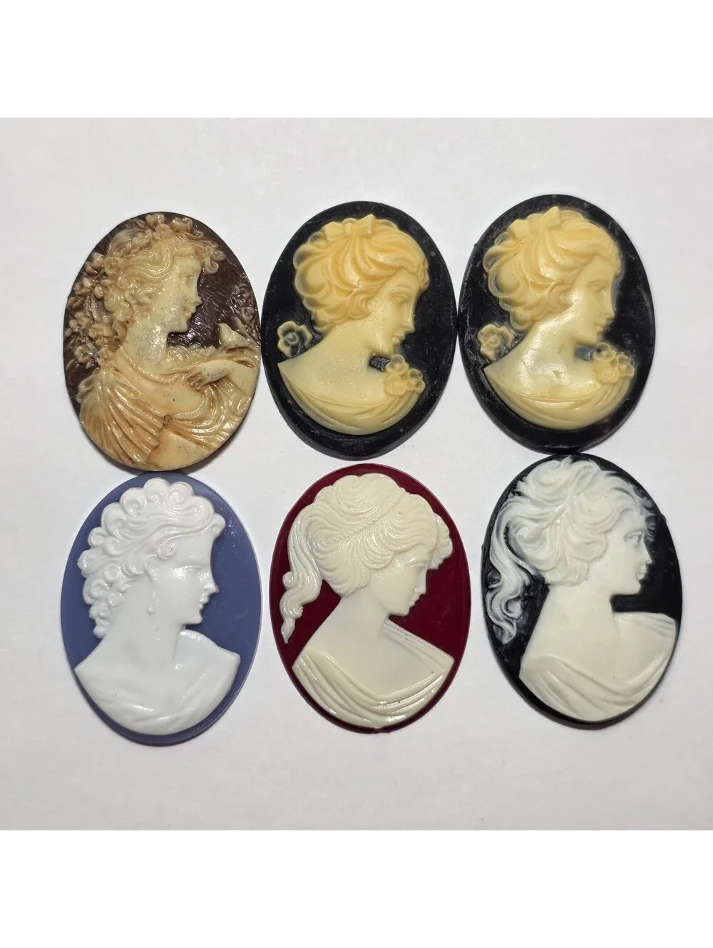 Lot of 6 Large Vintage Style Lady Cameo Cabochons Resin Mixed Colors EUC